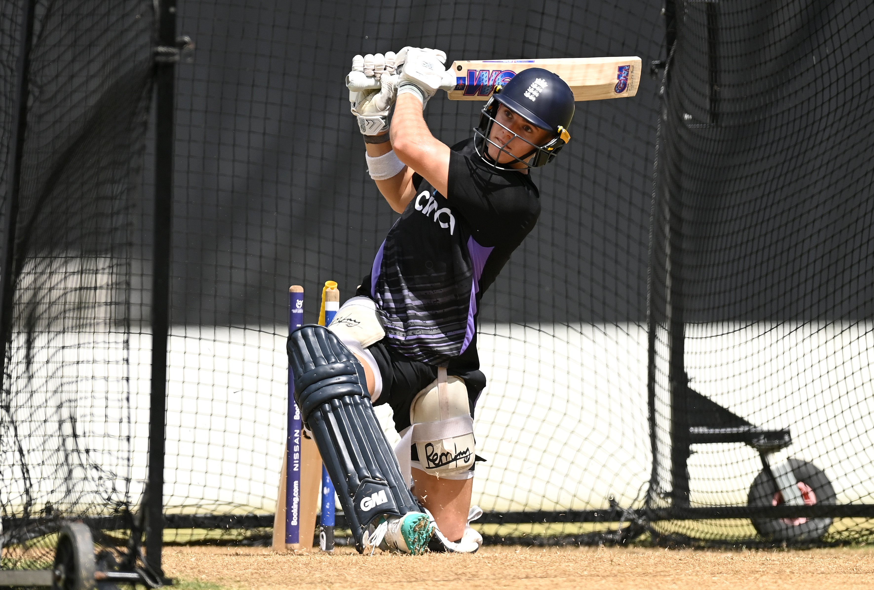 Jacob Bethell of England bats during a net session at Sir Vivian Richards Stadium