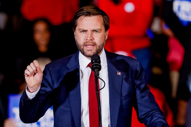 <p>JD Vance branded Harris ‘trash’ during his Atlanta, Georgia, campaign rally on Monday</p>