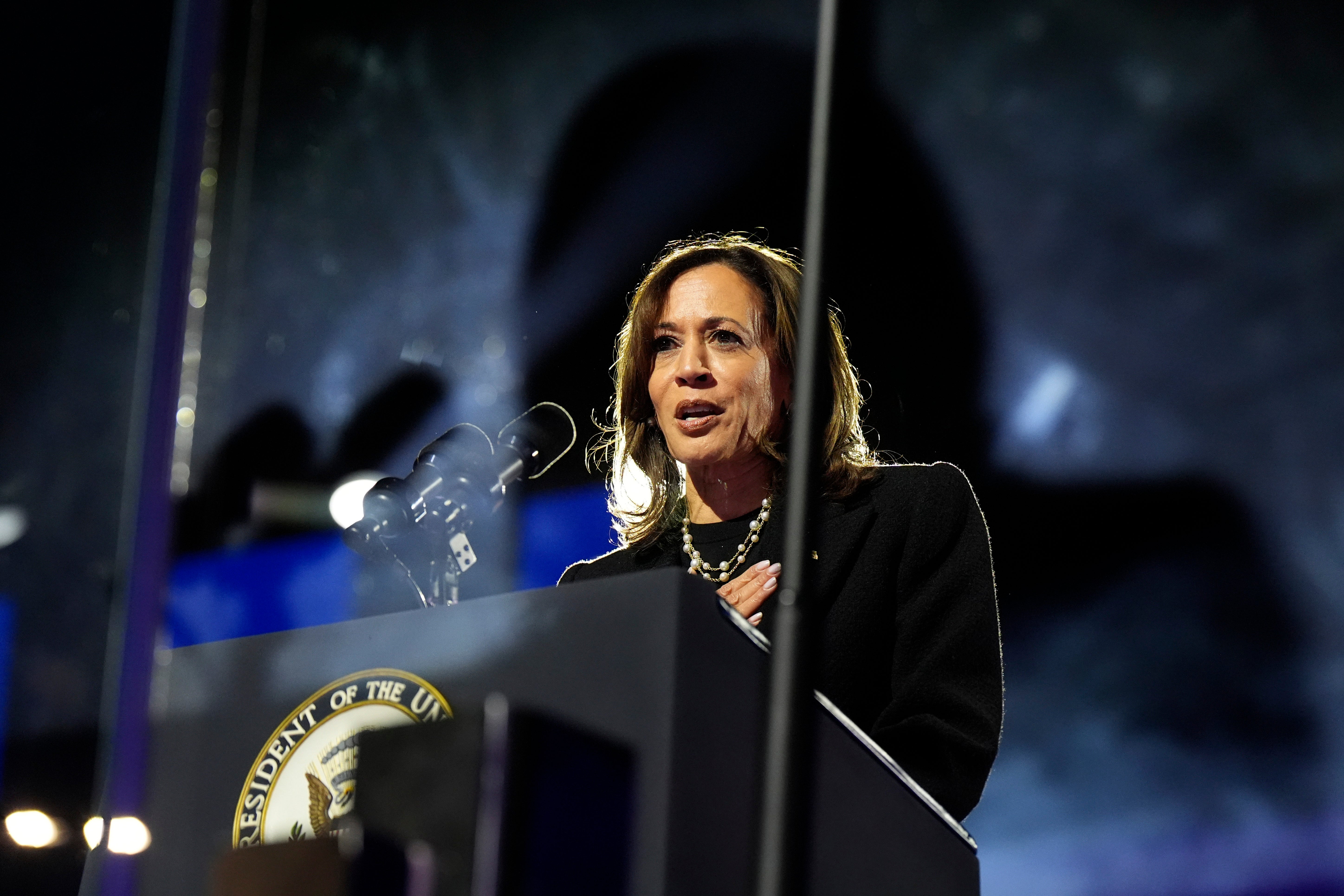 Harris speaks during a campaign rally outside the Philadelphia Museum of Art, on Monday in Philadelphia