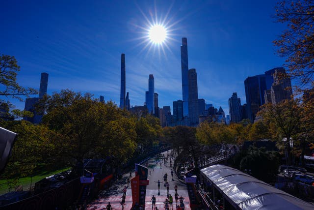 <p>Participants approach the finish line of the New York City Marathon on Sunday. New York City has been placed under a drought watch. The city told its millions of residents to conserve water</p>