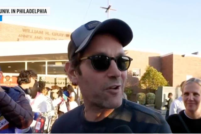 <p>Paul Rudd speaking to MSNBC at Philadelphia’s Temple University</p>