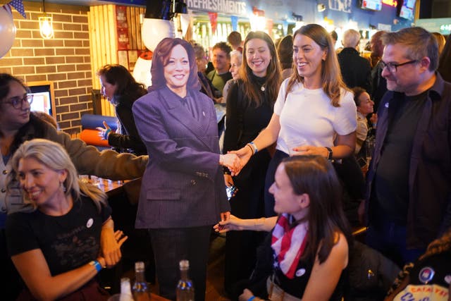 People pose for photos with a cardboard cutout of Kamala Harris (Yui Mok / PA).