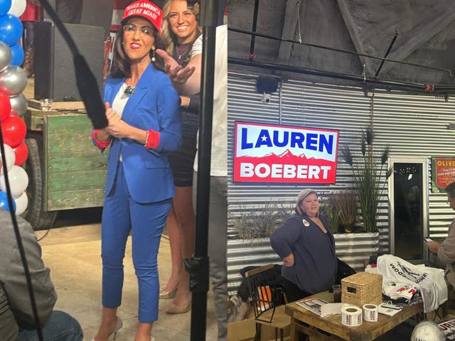 <p>Lauren Boebert celebrates at her watch party, after winning the CD4 race on Tuesday</p>