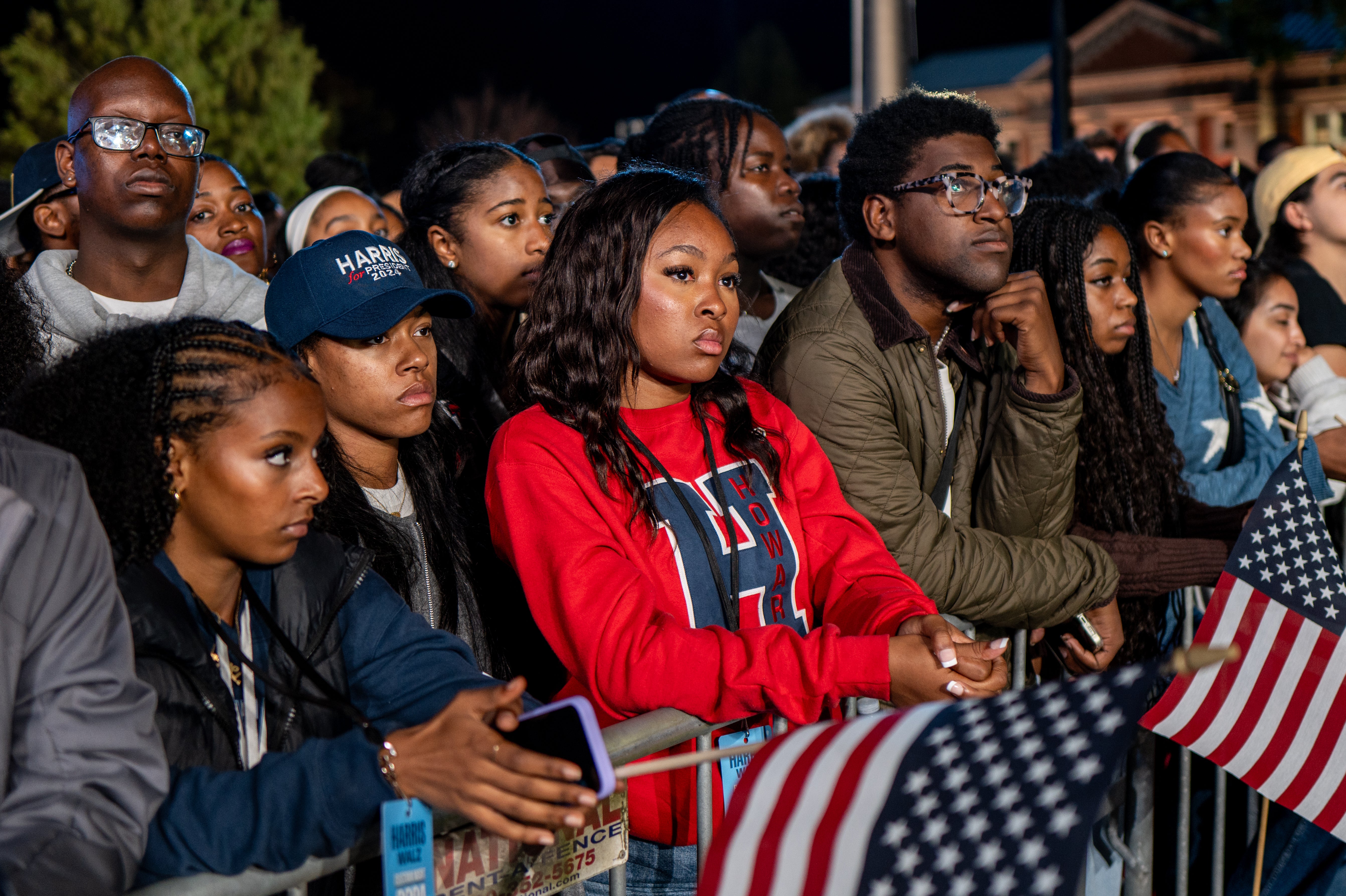 Howard University students listen to polling results during an election night event for Kamala Harris