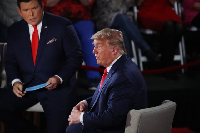 <p>Bret Baier interviews Donald Trump at a Fox News town hall in Scranton, Pennsylvania in 2020 </p>