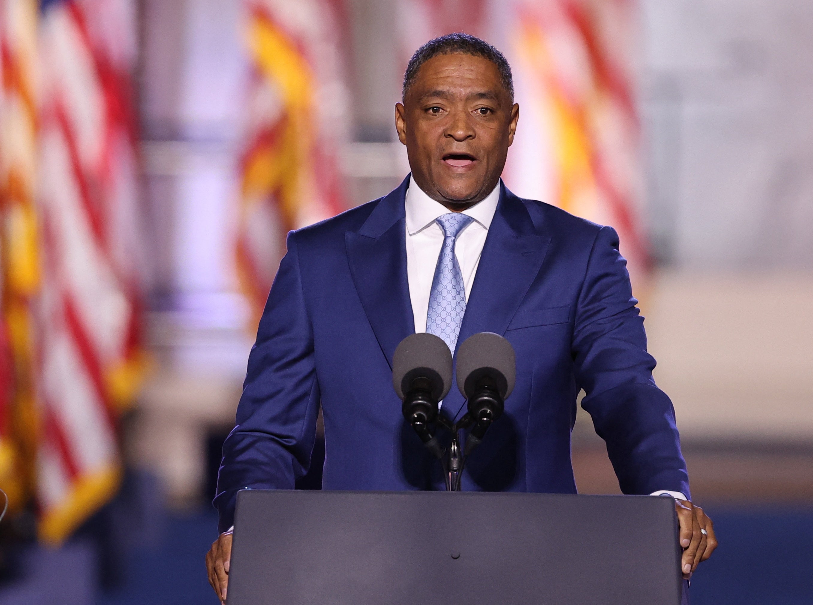 Cedric Richmond addresses attendees at the rally for US Democratic presidential nominee Kamala Harris at Howard University