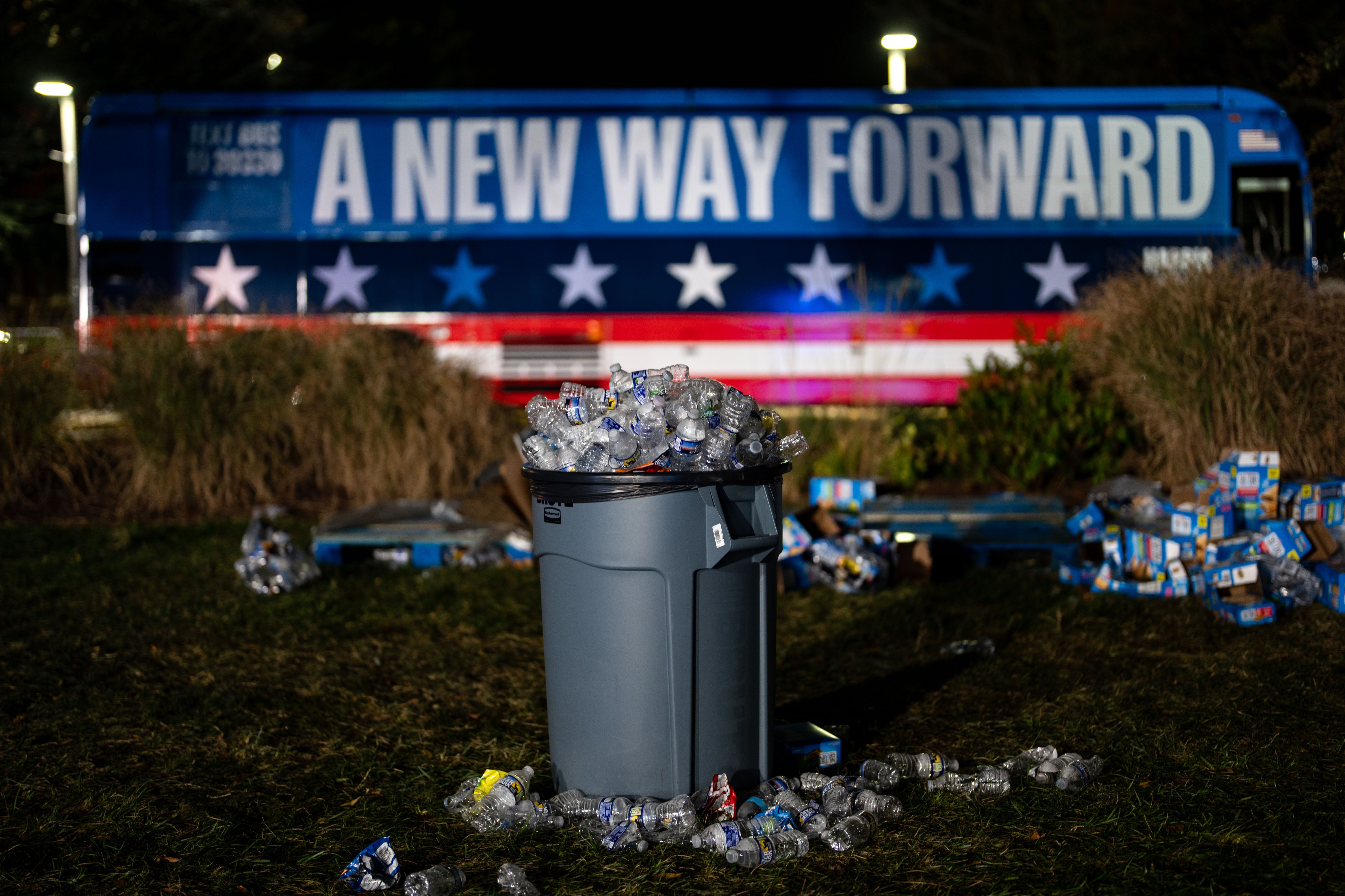 An overflowing trash can at Howard University makes a mockery of the candidate’s New Way Forward campaign slogan