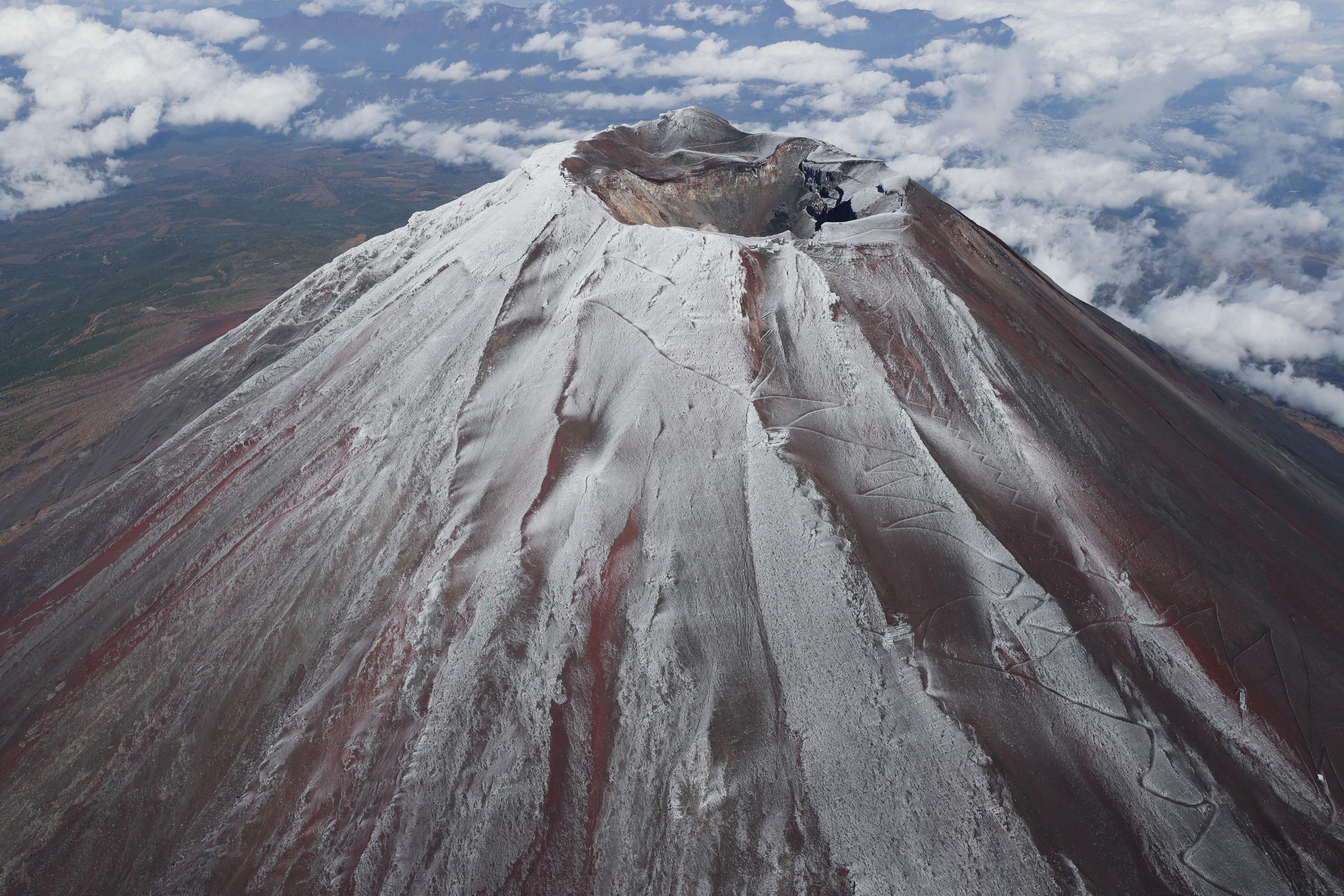 Top of Mt.Fuji is covered by snow in this photo taken by Kyodo, Japan