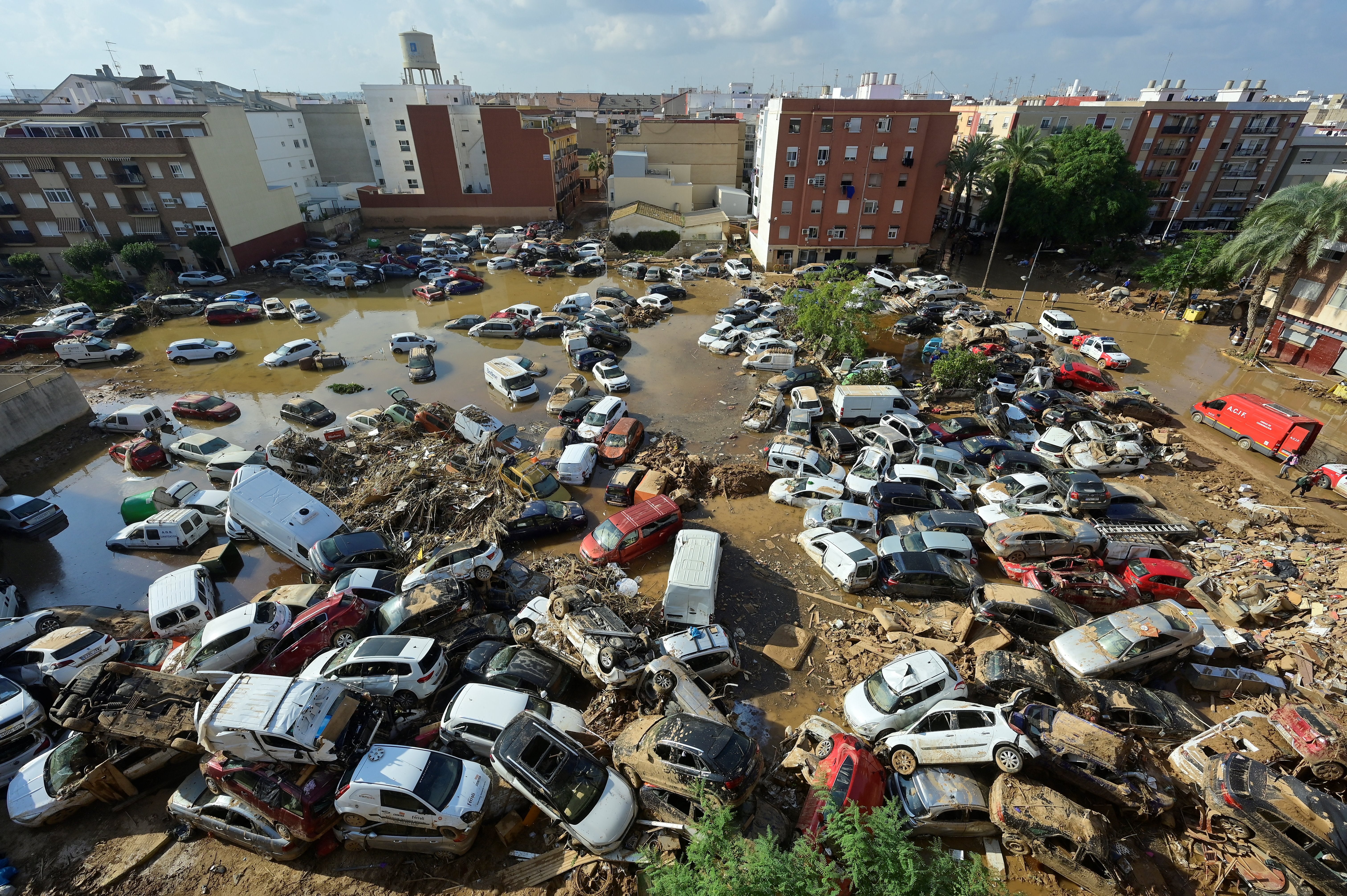 The floods in Spain caused scenes of devastation, with cars piled up on top of each other