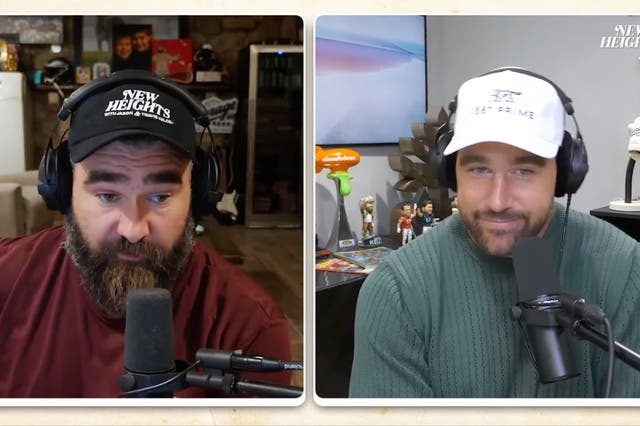 <p>Jason Kelce (left) and Travis Kelce on their ‘New Heights’ podcast</p>