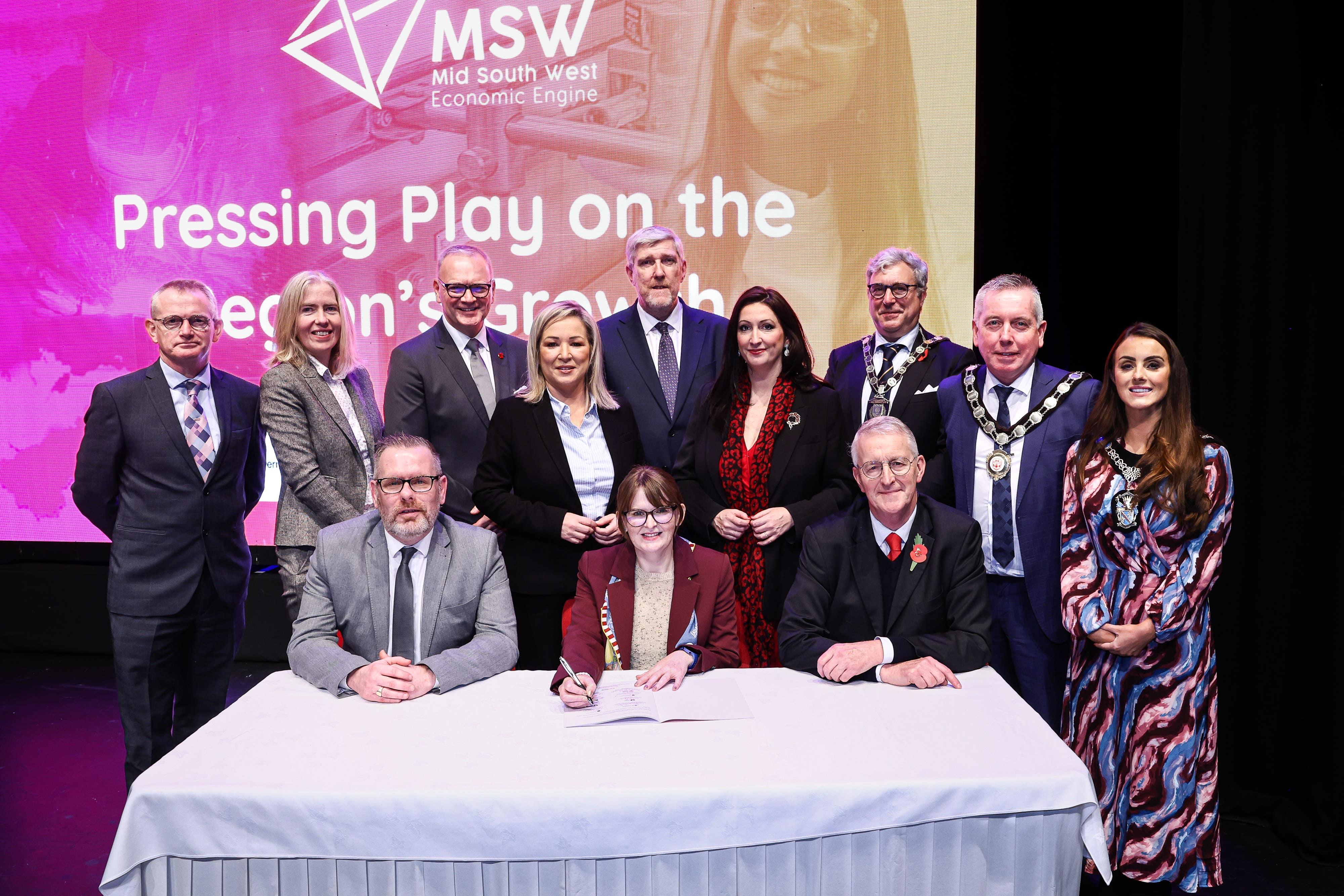 Officials at the Heads of Terms Agreement for the Mid Ulster Growth Deal at the Burnavon in Cookstown (PA)