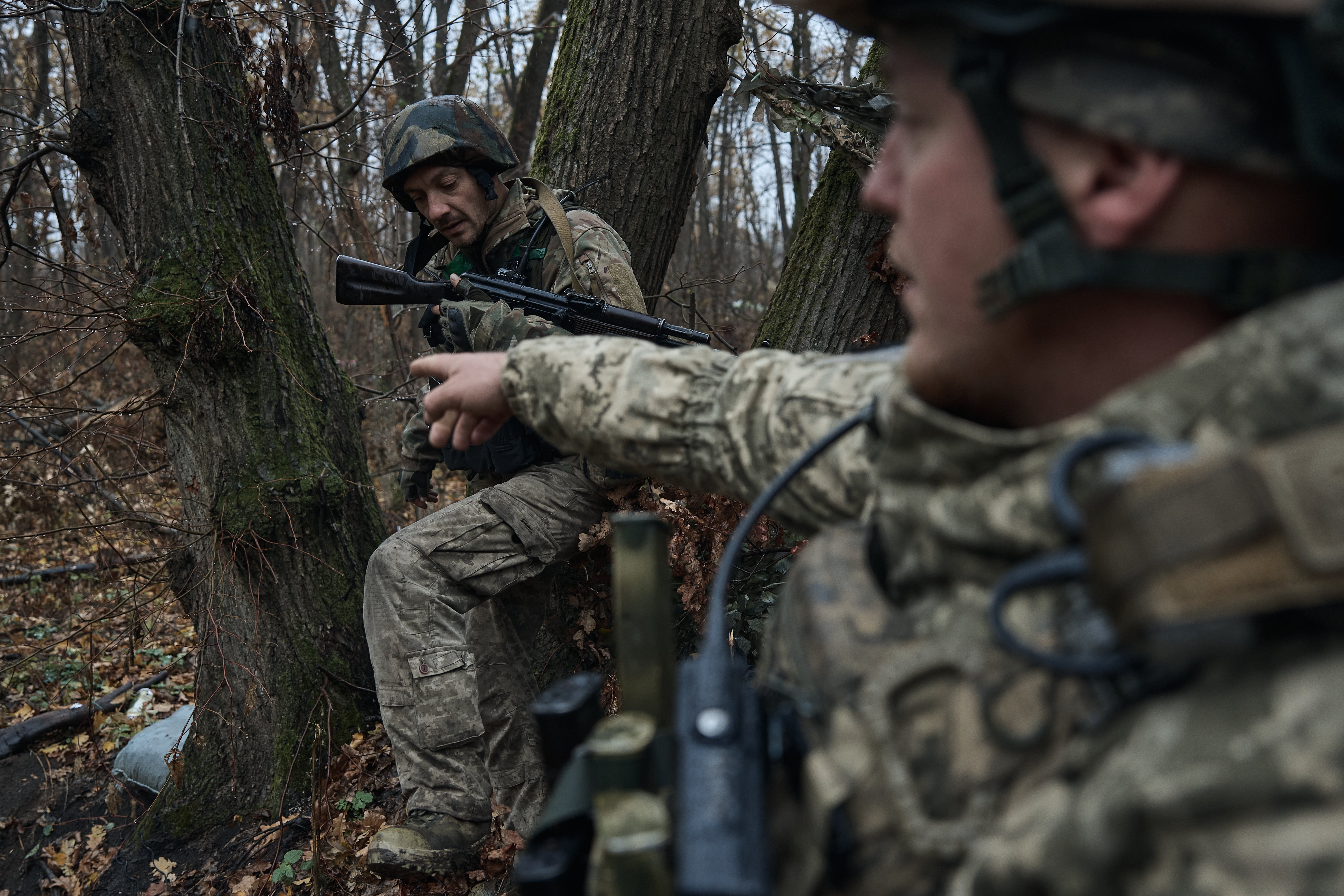 Soldiers at the beginning of the rainy season in the Serebryansky forest on November 6, 2024 in Serebryansky Reserve, Ukraine. The forest is located about 8 kilometers southwest of Kreminna in the Luhansk Oblast Ukraine