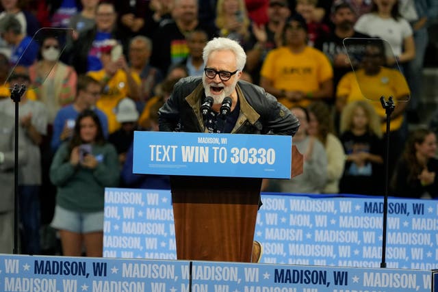 <p>Actor Bradley Whitford campaigns for Kamala Harris in Madison, Wisconsin on October 22. Whitford told The Independent that Democrats can’t afford to give in to ‘cynicism and despair’ after Donald Trump’s decisive victory </p>