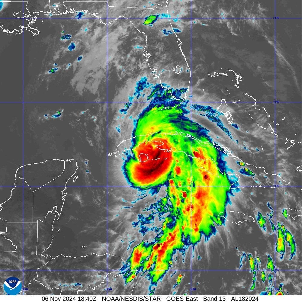 Hurricane Rafael is seen in this NOAA satellite image before making landfall on Wednesday afternoon. The storm hit Cuba with maximum sustained winds of 115mph.