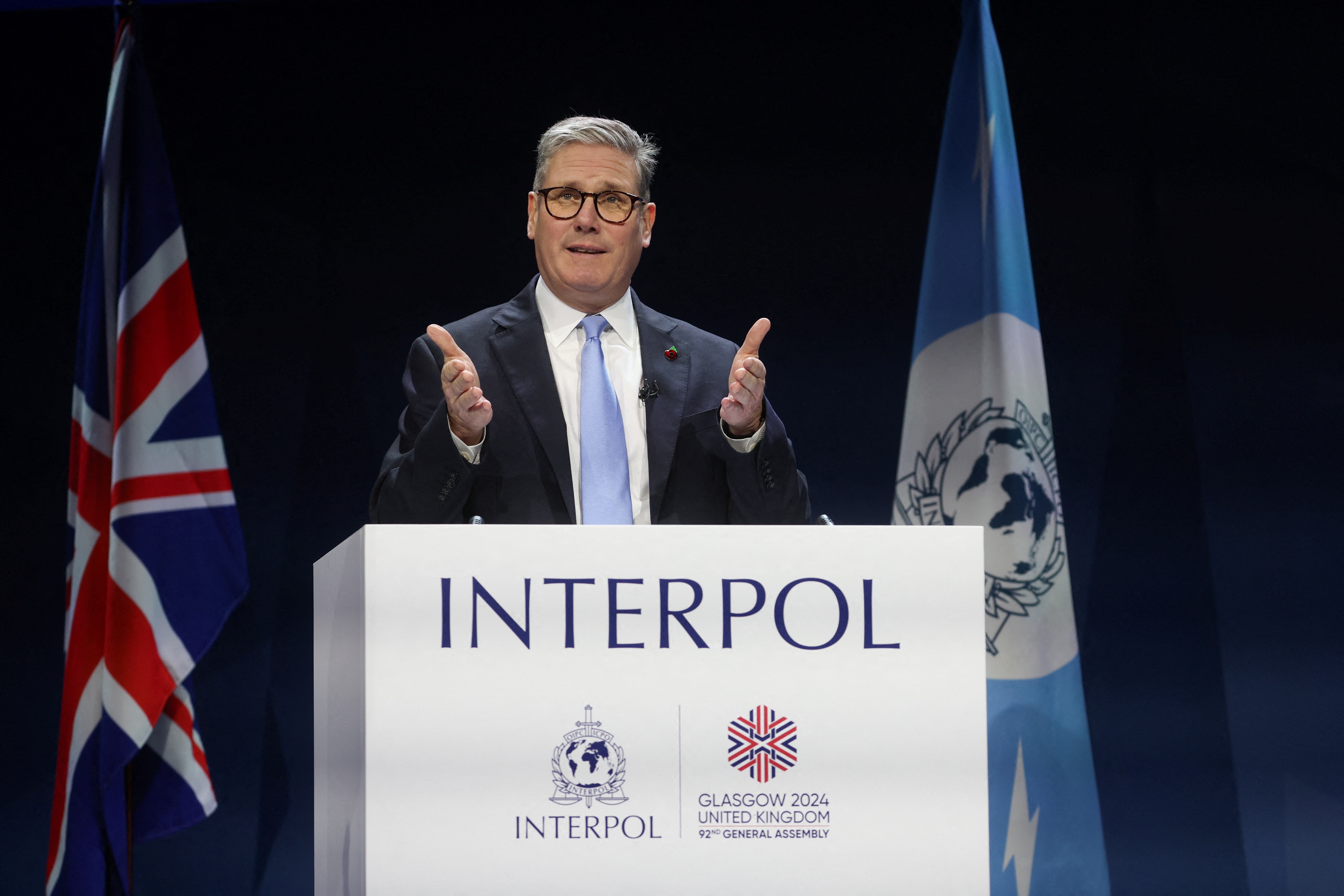 Prime Minister Sir Keir Starmer giving a speech during the Interpol General Assembly (Russell Cheyne/PA)