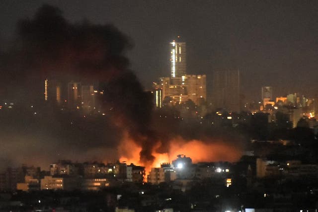 <p>Fire and smoke rises after an Israeli airstrike on Beirut, Lebanon, on 7 November 2024</p>