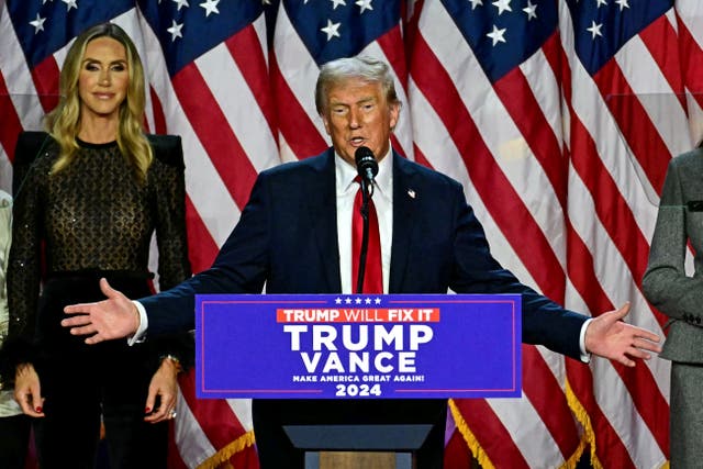 <p>Donald Trump speaks during his victory party on Election night at the West Palm Beach Convention Center in West Palm Beach, Florida</p>