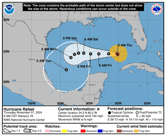 <p>A map shows Hurricane Rafael’s path on Thursday morning. The storm has weakened a bit since striking Cuba.</p>