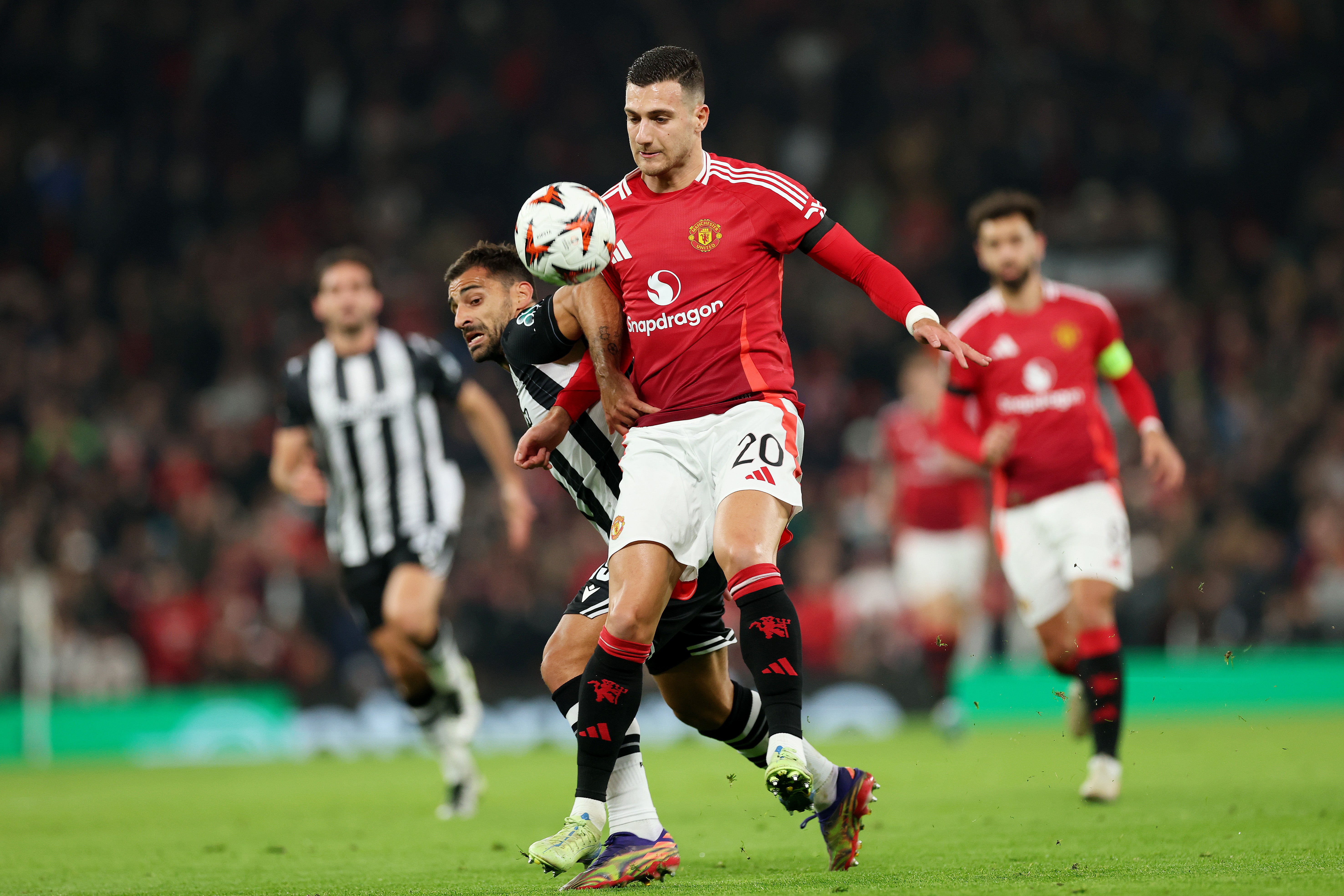 Diogo Dalot battles for the ball in the Europa League tie