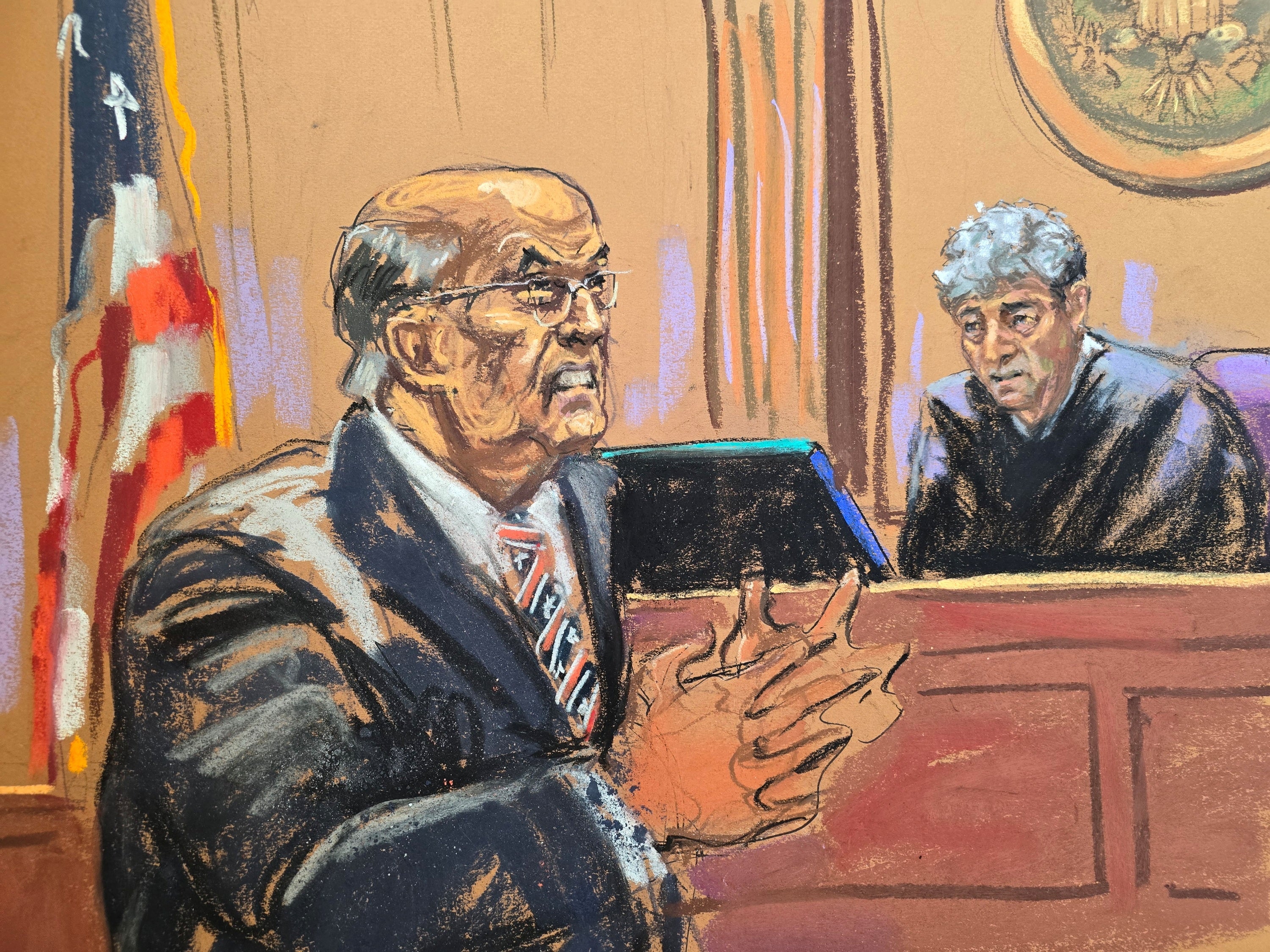 A courtroom sketch depicts Rudy Giuliani arguing with District Judge Lewis Liman on November 7