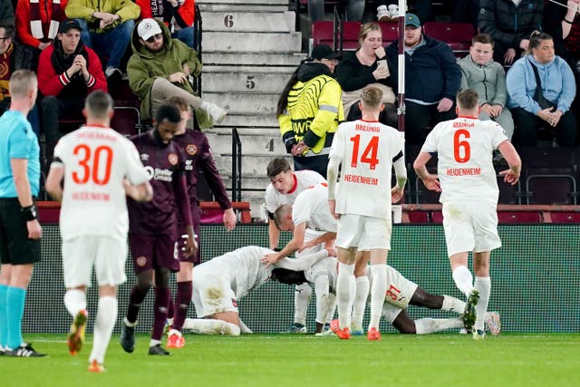 Heidenheim celebrate Sirlord Conteh’s opening goal (Jane Barlow/PA)