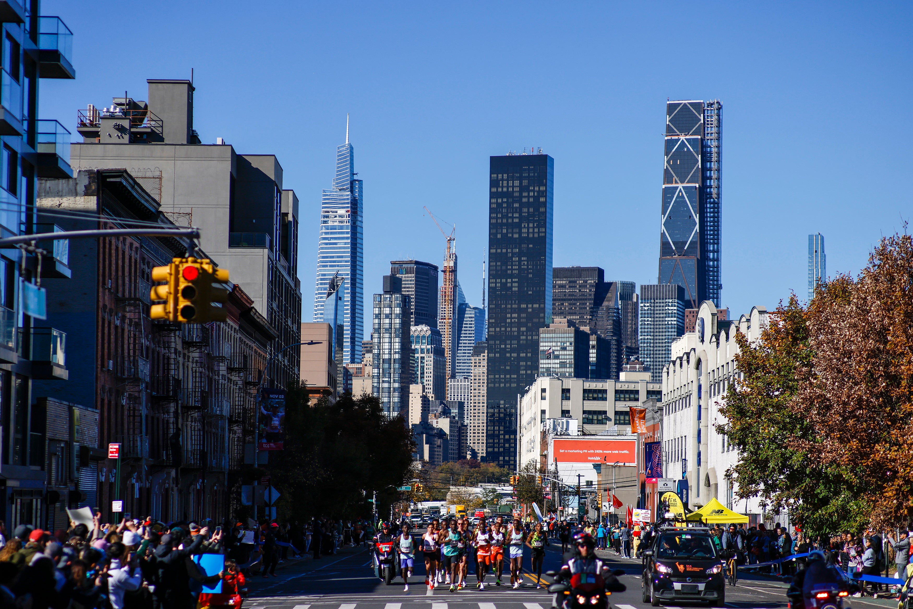 Elite runners make their way through the Queens borough during the New York City Marathon last weekend. The city is under a drought watch and drought has plagued much of the US. The Big Apple has felt strangely warm weather in recent weeks