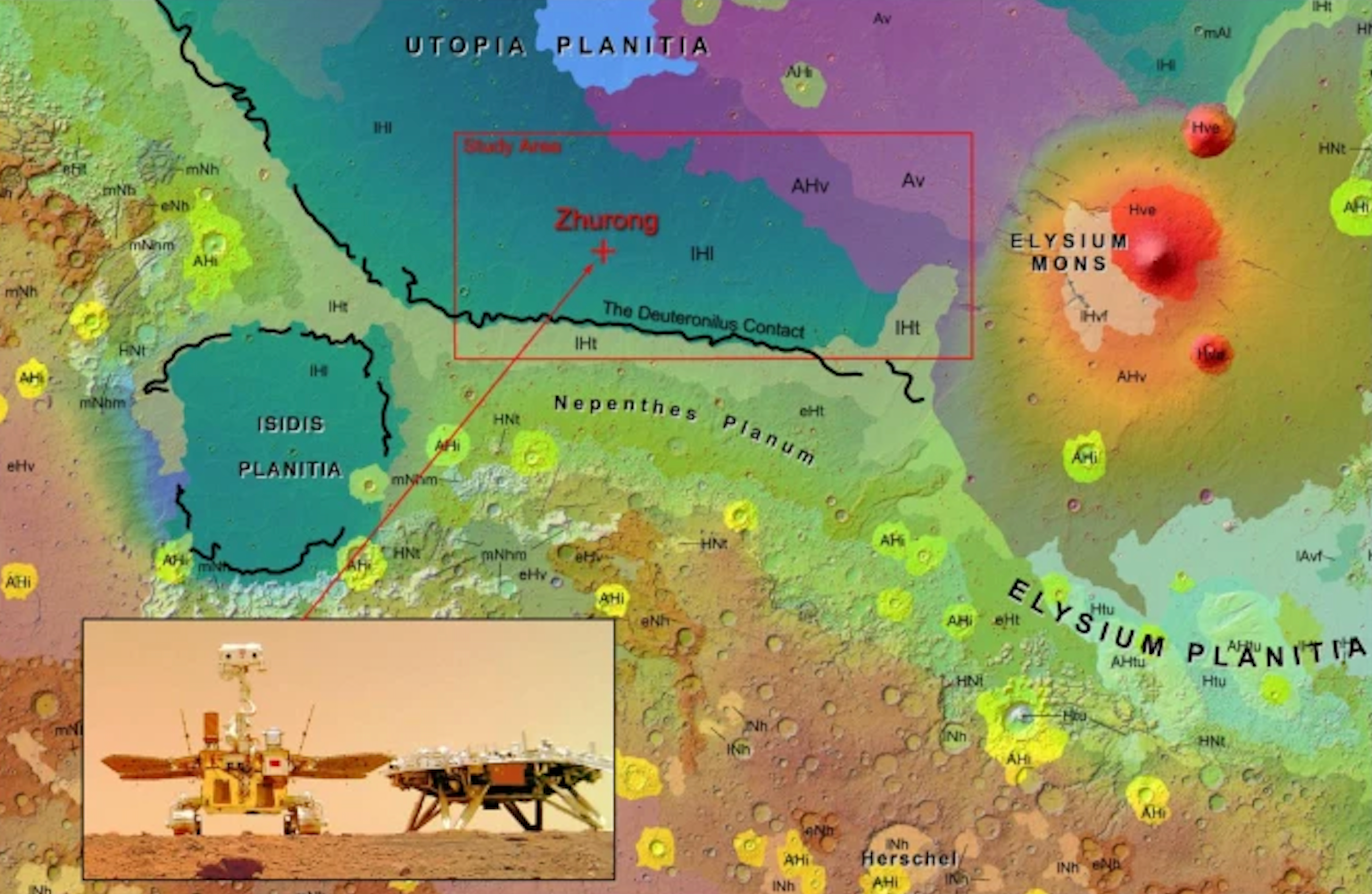 Red transverse  denotes the Zhurong landing tract  connected  a geologic representation  of Mars