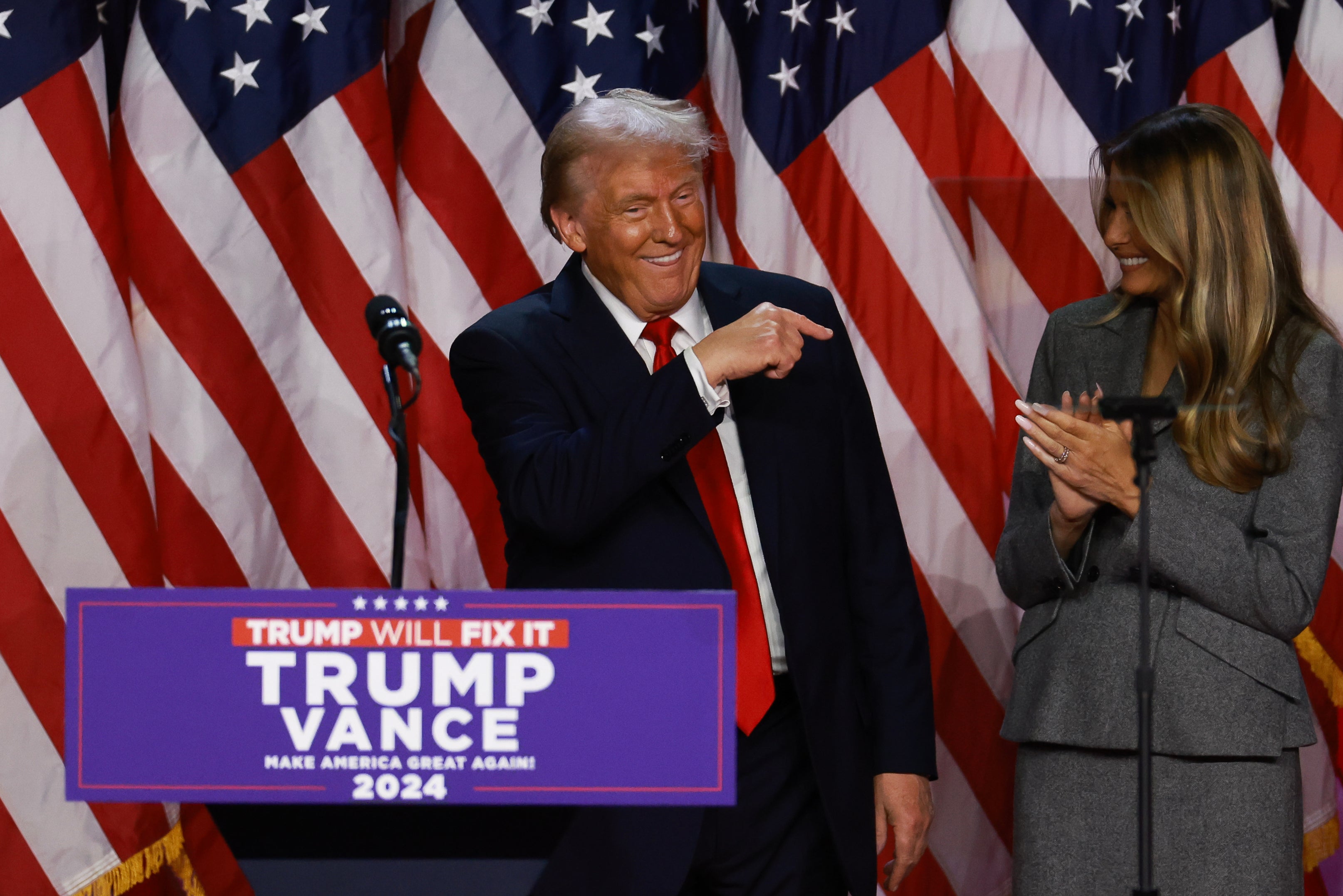 Trump is joined on stage with former first lady Melania Trump during an election night event at the Palm Beach Convention Center. Some of his accusers believe his return to the White House could prevent other abuse victims from speaking out