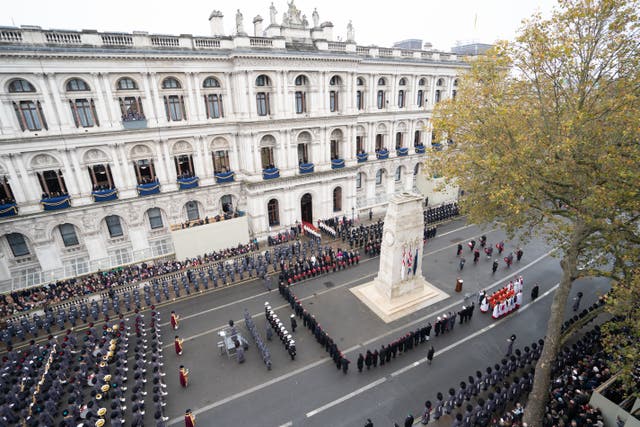 <p>The scene at the Remembrance Sunday service at the Cenotaph, in 2023 (Stefan Rousseau/PA)</p>