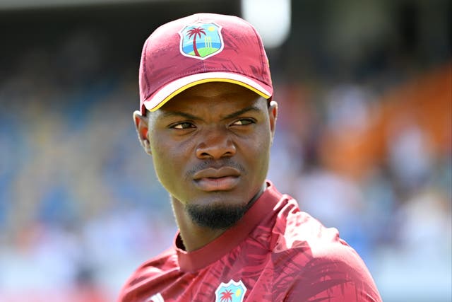 <p>Alzarri Joseph on the pitch for West Indies against England on 6 November</p>