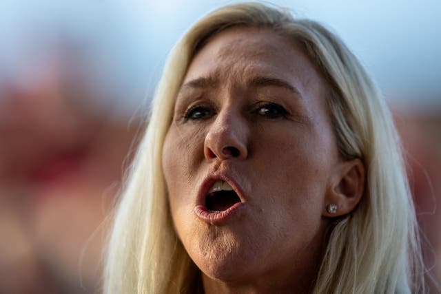 <p>U.S. Rep, Marjorie Taylor Greene (R-GA) attends a campaign rally for Republican presidential nominee, former U.S. President Donald Trump at the Atrium Health Amphitheater on November 03, 2024 in Macon, Georgia</p>