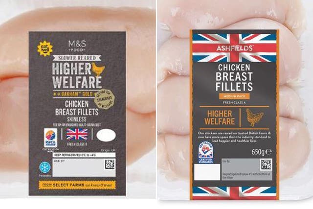 <p>M&S (label on the left) has signed the Better Chicken Commitment; Aldi (label on the right) has not </p>