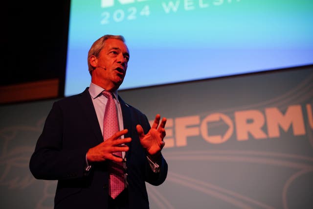 Leader of Reform UK Nigel Farage speaking at the Reform UK Welsh Conference at the Celtic Manor hotel in Newport (Ben Birchall/PA)