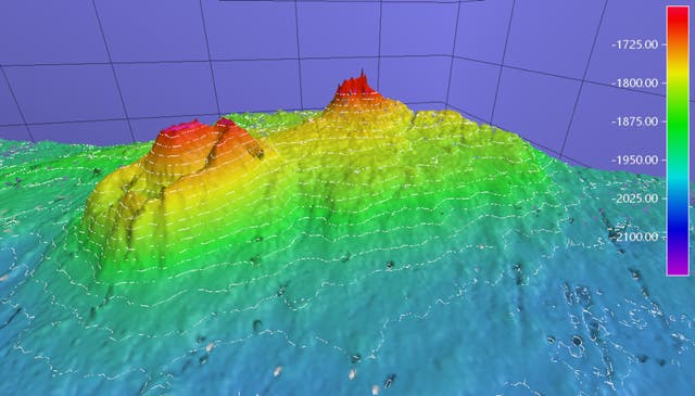 <p>An image depicts the underwater volcano-like feature beneath the ocean near Alaska. However, it’s far too deep to pose much of a risk to those on land </p>