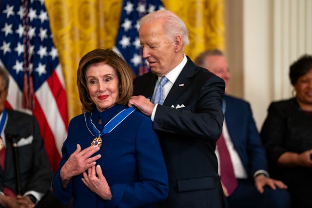 <p>Joe Biden presents the Presidential Medal of Freedom to Former Speaker of the House Nancy Pelosi (D-CA) during a ceremony in the East Room of the White House on May 3, 2024 in Washington, DC</p>