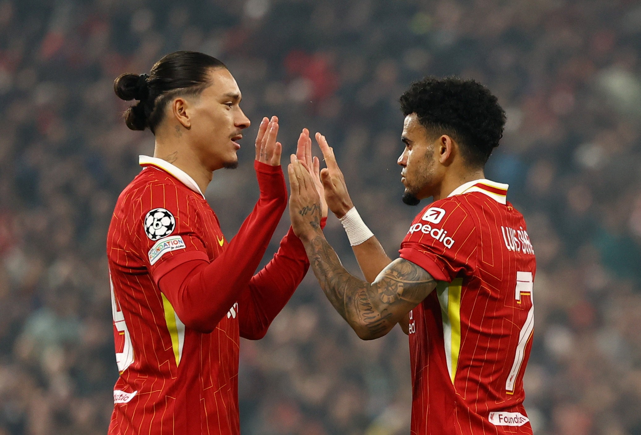<p>Liverpool's Luis Diaz celebrates scoring their third goal with Liverpool's Darwin Nunez</p>