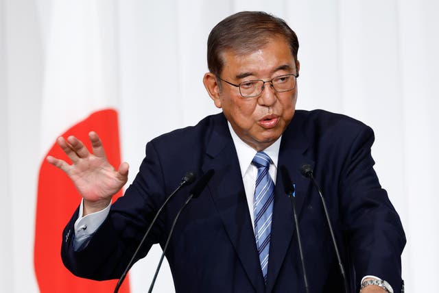 <p>Japanese prime minister and leader of the ruling Liberal Democratic Party (LDP) Shigeru Ishiba speaks during a press conference in Tokyo</p>