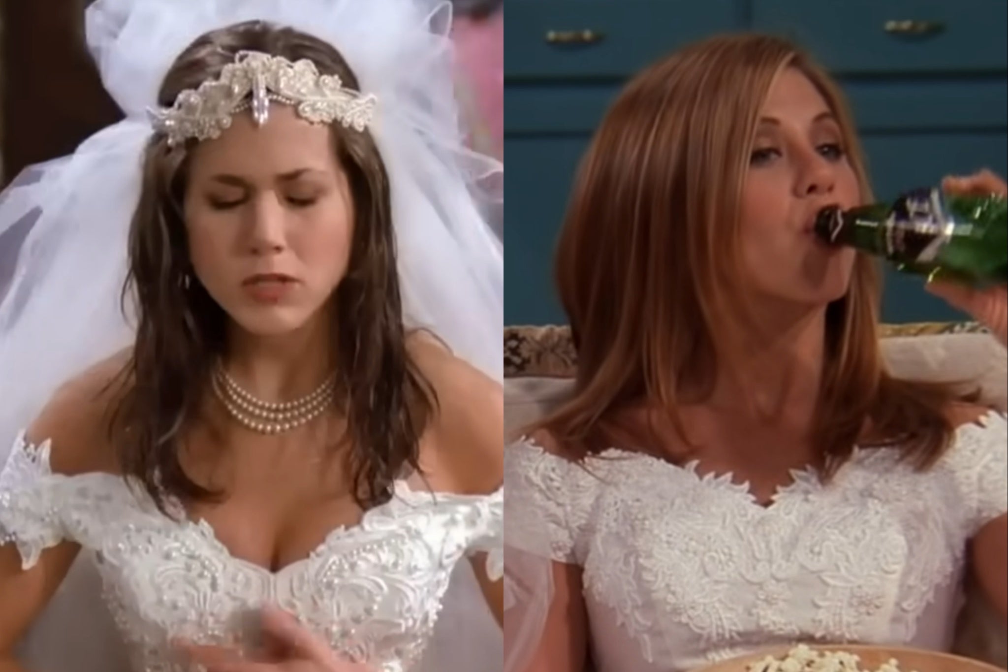 Rachel (Jennifer Aniston) in the ‘Friends’ pilot (left) and the season four episode (right)