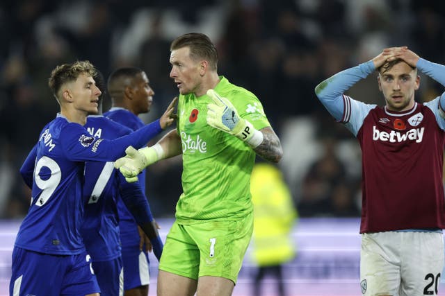 Jordan Pickford was Everton’s key man at West Ham (Nigel French/PA)