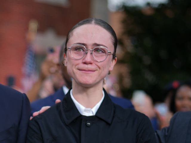 <p>Tearful Ella Emhoff looks on as Kamala Harris delivers concession speech   </p>