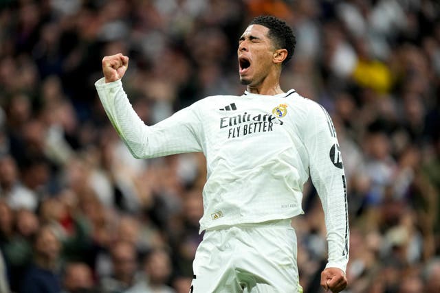 Jude Bellingham scored his first goal of the season in Real Madrid’s 4-0 win over Osasuna (Jose Breton/AP/PA)