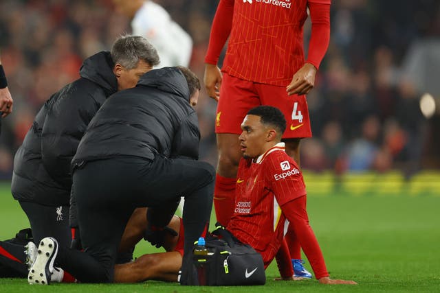 <p>Trent Alexander-Arnold went off injured during the first half at Anfield </p>