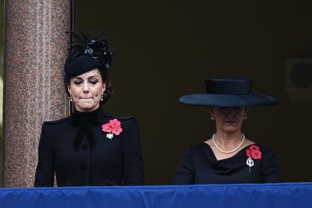 The Princess of Wales and Duchess of Edinburgh stood shoulder-to-shoulder on the central balcony overlooking the Remembrance service (Aaron Chown/PA)