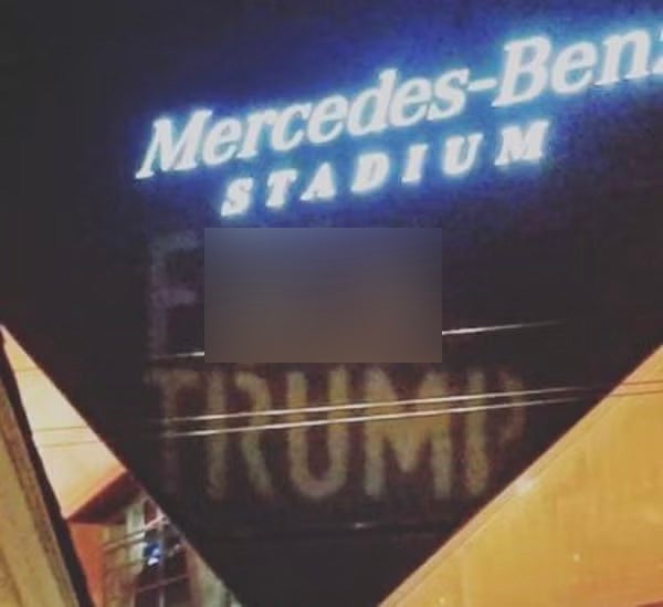 The words ‘F*** Trump’ were projected onto the Mercedez-Benz Stadium in 2021 (Instagram/bill_kaelin)