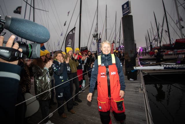 British yachtswoman Pip Hare before setting sail in the solo, non-stop 24,300-mile Vendee Globe race, in her 60ft yacht Medallia at Les Sables d’Olonne, France (Pip Hare/PA)