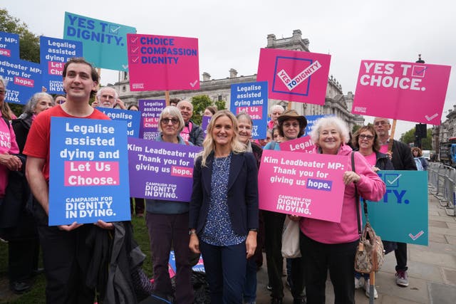 <p>Labour MP Kim Leadbeater (centre) previously joining Dignity in Dying campaigners in Parliament Square outside the Houses of Parliament</p>