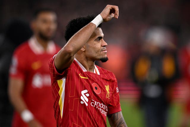 <p>Liverpool’s Luis Diaz salutes fans after their win over Aston Villa</p>