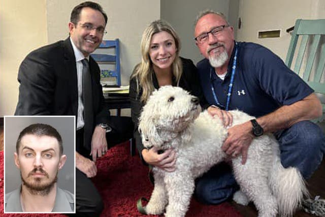 <p>Derek Daigneault, 29, (pictured bottom left) was sentenced to life in prison on Thursday for the murder of his cousin, who is the owner of Titan the labradoodle (pictured right being held by police investigators) a loyal dog who helped police nab the killer </p>