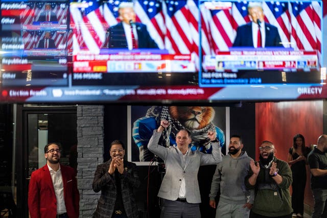 <p>Attendeses at an Arab Americans for Trump watch party in Dearborn, Mich cheer as Donald Trump’s speech is broadcast. </p>