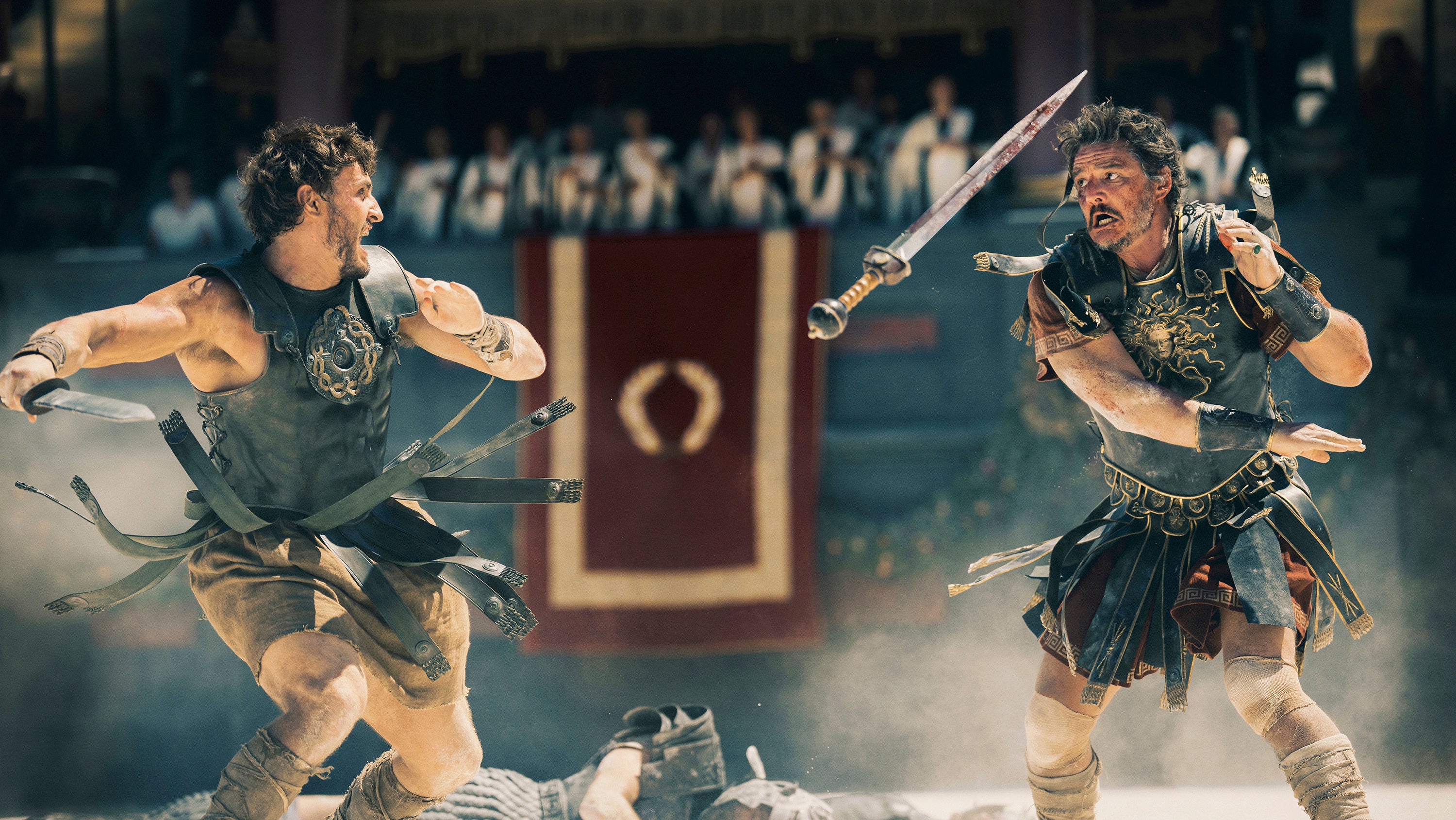 Paul Mescal, left, and Pedro Pascal in a scene from ‘Gladiator II’